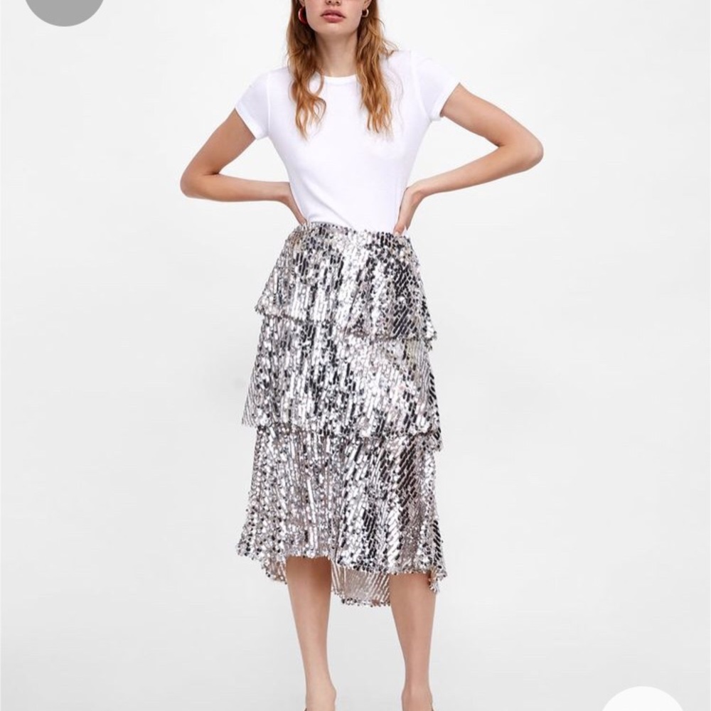 Zara silver tiered ruffle sequin skirt